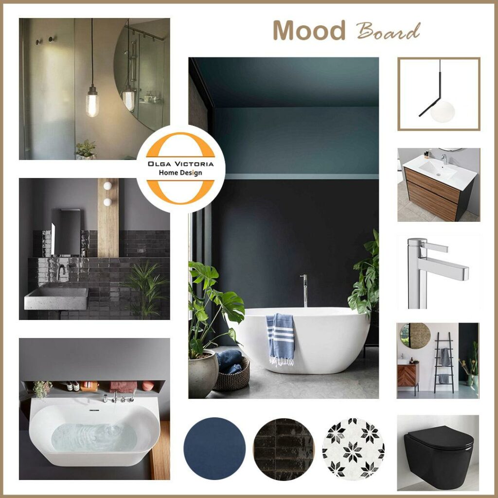 Planche d'inspiration pour salle de bain avec baignoire îlot, carrelage noir, palette de couleurs bleu nuit et accessoires design.