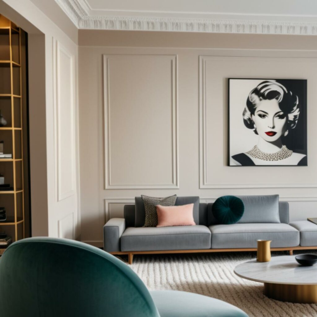 Salon élégant avec moulures murales, canapé gris moderne, fauteuil en velours vert et tableau portrait noir et blanc.