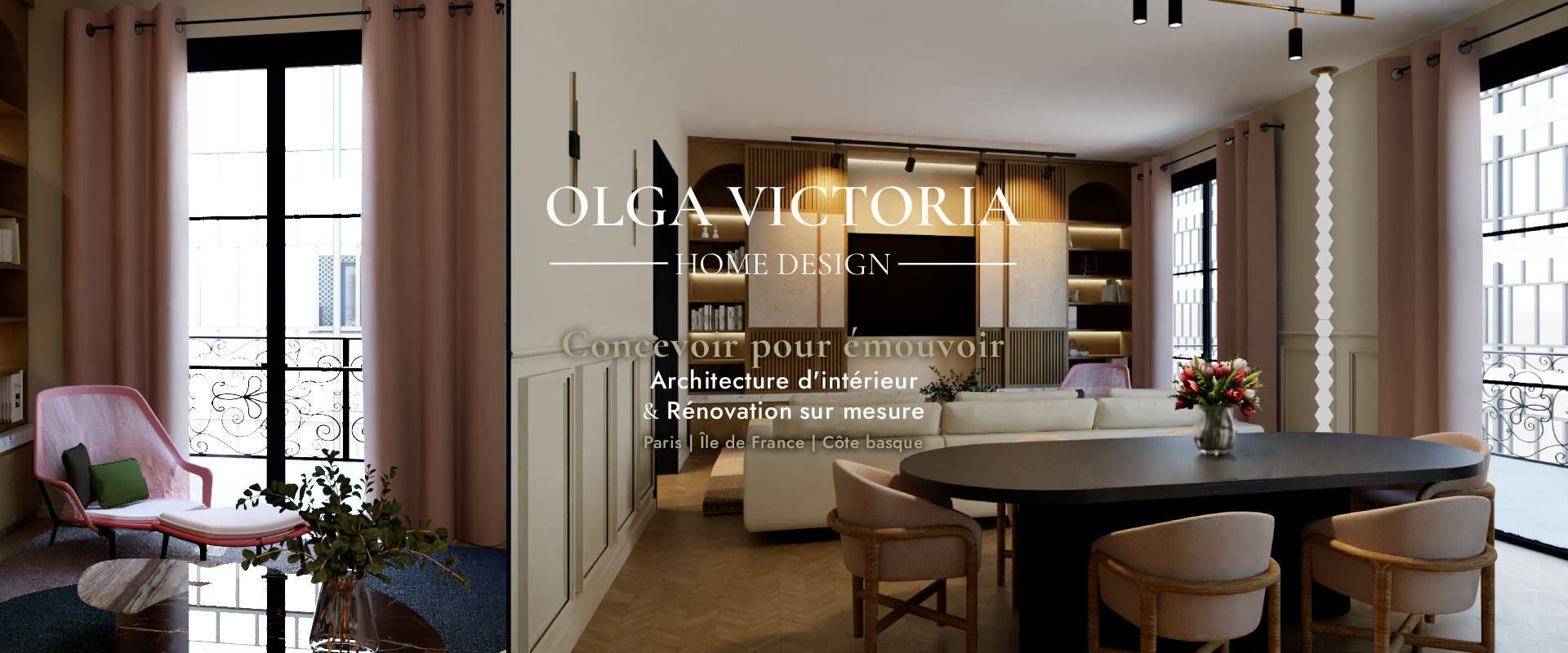 Rendu 3D d'un salon avec bibliothèque sur mesure intégrée, arches en bois et éclairage indirect – projet de rénovation conçu par Olga Victoria, architecte d'intérieur à Vincennes.