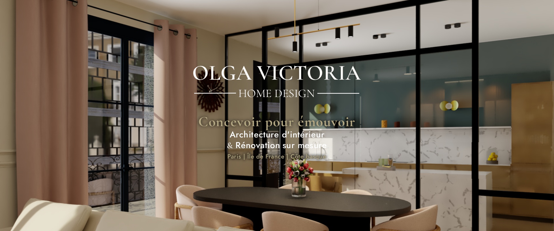 Rendu 3D d'une cuisine ouverte séparée par une verrière atelier noire, plan de travail marbre et îlot central – architecte d'intérieur Olga Victoria, Vincennes