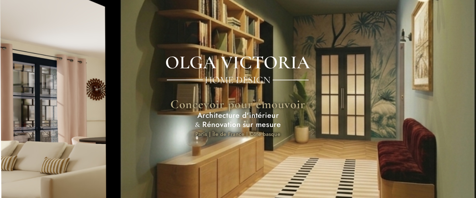 Rendu 3D d'une entrée avec bibliothèque murale en bois naturel, murs vert sauge et papier peint botanique - conception Olga Victoria, architecte d'intérieur à Vincennes.