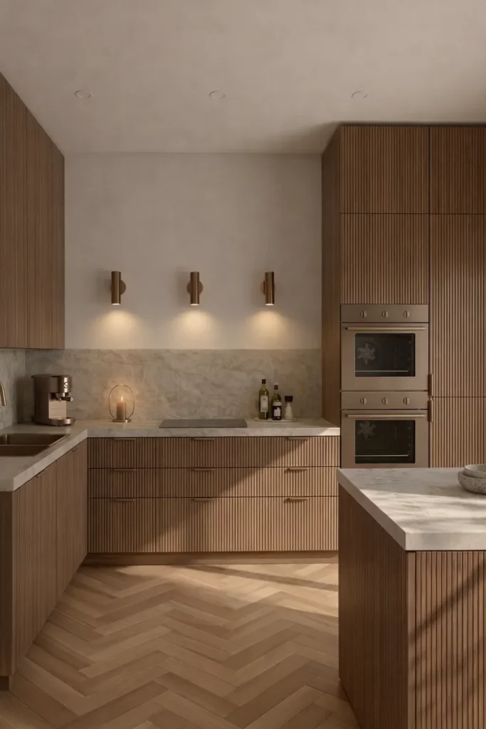 Rendu 3D d'une cuisine moderne en noyer rainuré, sol parquet, crédence et plan de travail quartz couleur pierre naturelle.