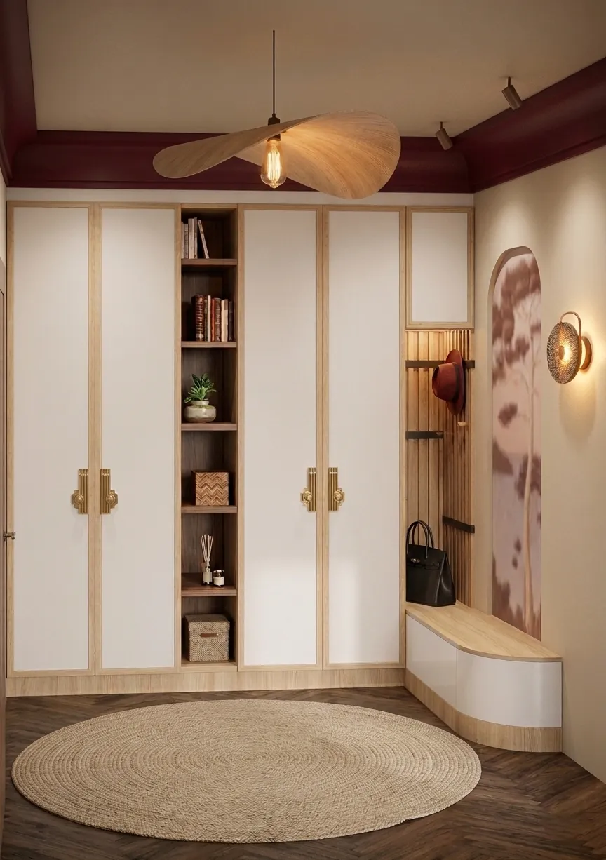 Entrée sur mesure avec placards blanc et bois, banquette coffre, papier peint décoratif dans une niche - projet Grenelle