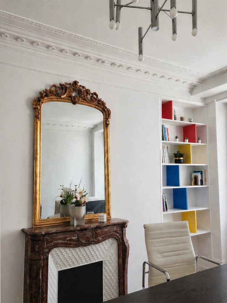 Bibliothèque sur mesure avec séparateurs colorés rouge bleu jaune, miroir doré et cheminée en marbre brun.